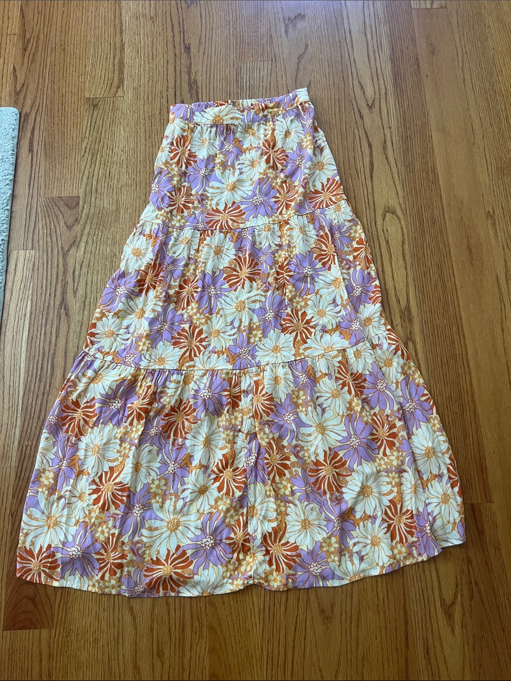 l*space Floral Tiered Maxi Skirt in Orange, Lavender & Cream